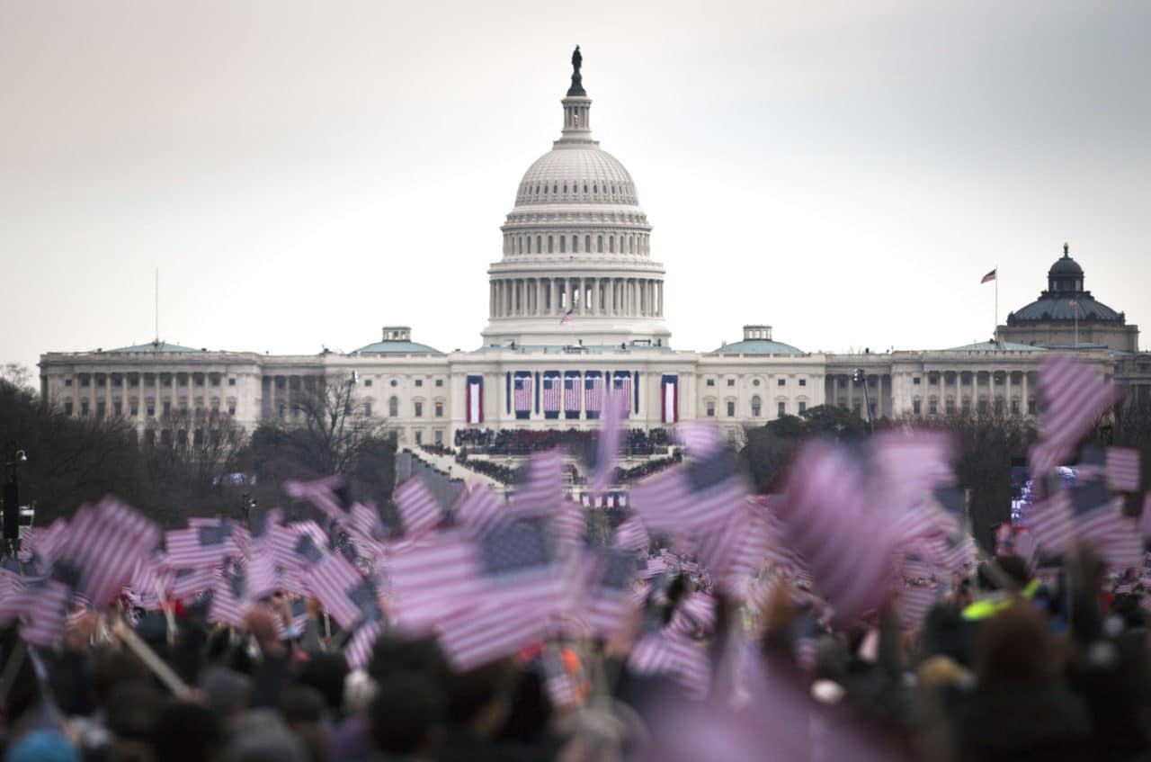 Waving flags at the capitol representing government, politics, democracy, and state responsibilities.